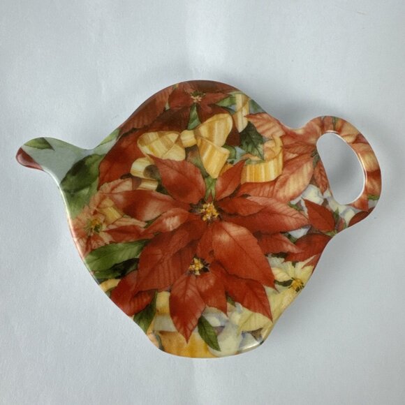 Melamine Poinsettia Teabag Holder teapot shaped Made in Italy Christmas Holiday - Picture 1 of 6